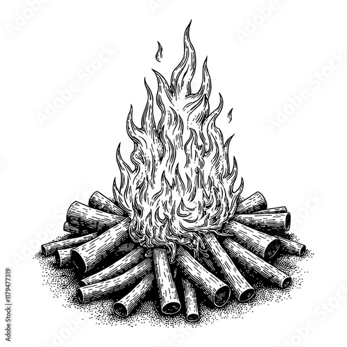 Detailed Firewood Burning with Flame Black and White Outline Line Art Drawing