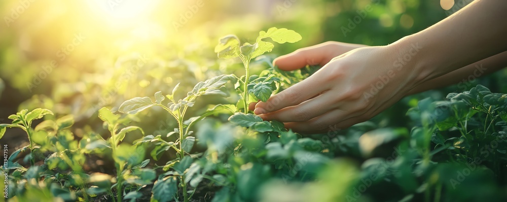 Fototapeta premium A closeup of a woman s hands nurturing plants in a summer garden, with sunlight filtering through and organic crops thriving in the background