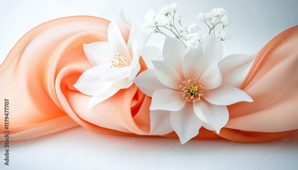 Obraz premium Experience the delicate beauty of spring with a mesmerizing bloom of spring blossoms framing a sunset, petals floating with the breeze This soft, peach-colored fabric cradles elegant white flowers