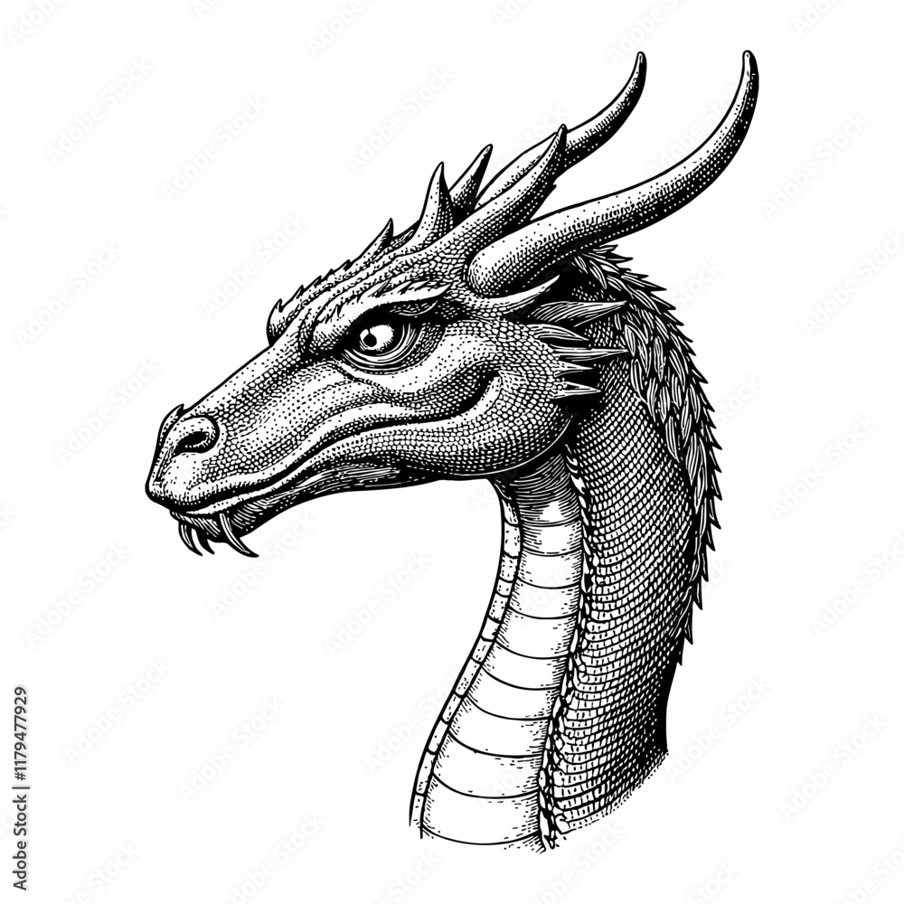 Wyvern Portrait Close Up View in Detailed Black and White Outline Line Art Drawing Wyvern Portrait Close Up View in Detailed Black and White Outline Line Art Drawing
