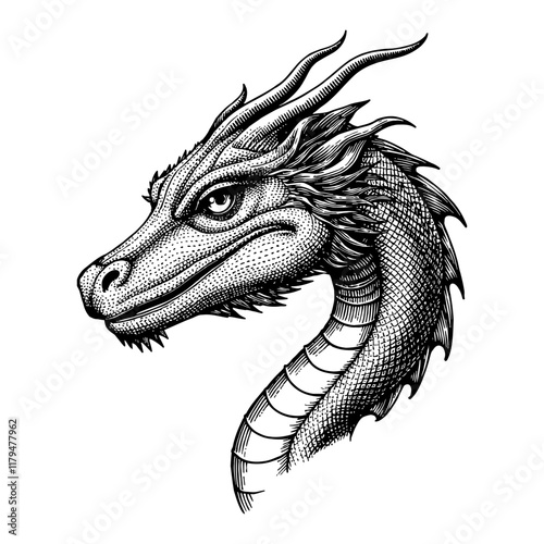 Detailed Wyvern Dragon Head Portrait Black and White Outline Line Art Drawing Illustration