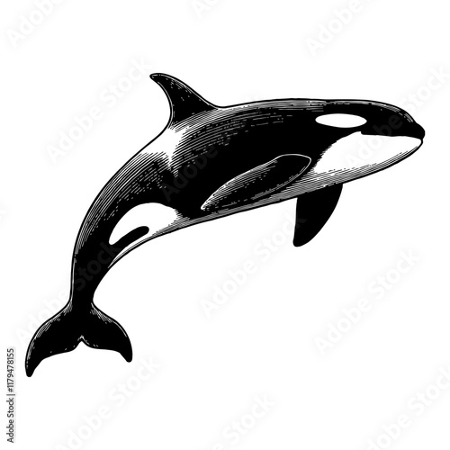 Orca Whale Jumping Detailed Black and White Outline Line Art Drawing Engraving Style