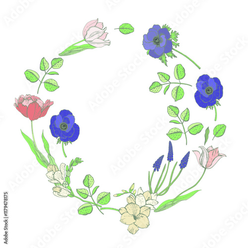 Color decorative wreath with spring flowers