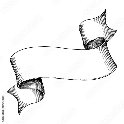 Wavy Banner Ribbon with Detailed Black and White Outline Line Art Drawing Isolated on White