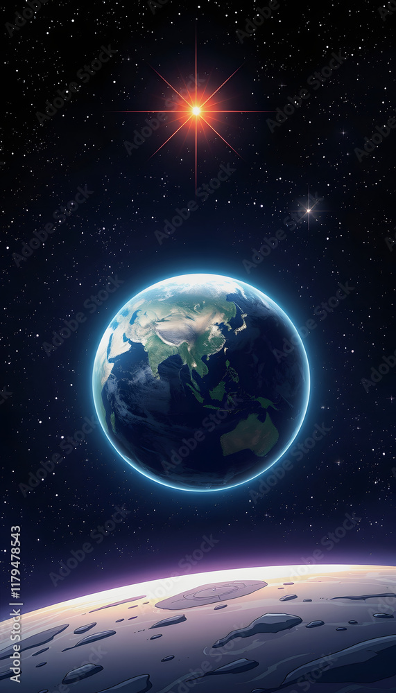 Fototapeta premium planet earth in space close starry background cosmic solar stars the world, comic art, with white tones