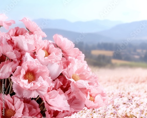 Experience the serenity of a pastel cosmos flower field under a powder-blue sky, the air saturated with the scent of fresh blooms, a dreamy landscape of delicate pink petals gently swaying in the photo