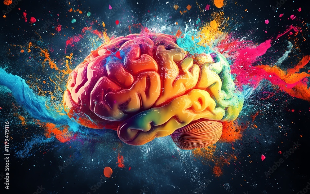 Obraz premium A human brain overflowing with creativity, bursting with multiple colors, light rays, and energetic actions symbolizing the limitless potential of imagination