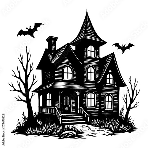 Creepy Haunted House with Bats in Black and White Outline Line Art Drawing photo