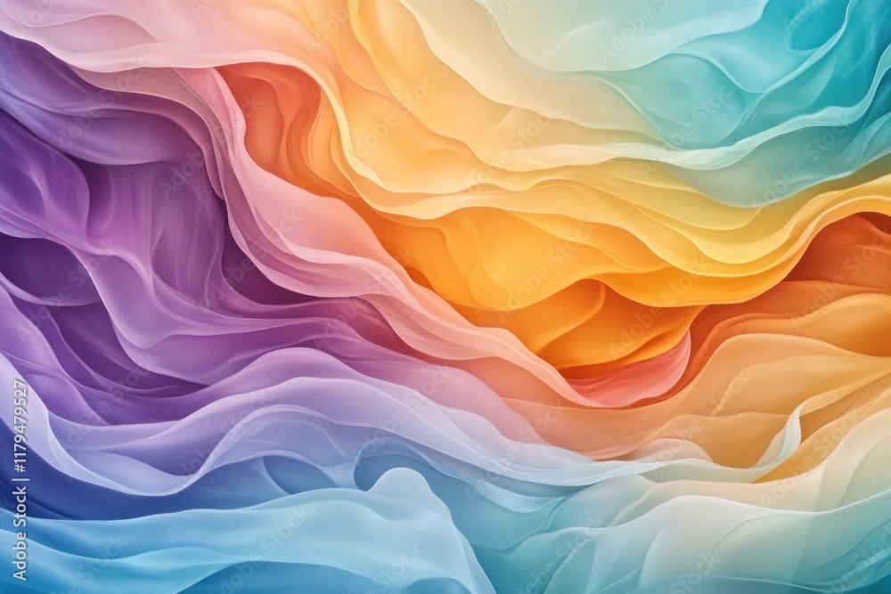 Obraz premium Experience the vibrant beauty of abstract colors, featuring swirling layers of light purple, orange, yellow, green, and light blue tones resembling a colorful spring patchwork These soft, flowing