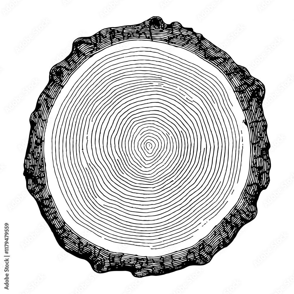 Fototapeta premium Cross Section Tree Wood Rings Black and White Outline Line Art Drawing Isolated View