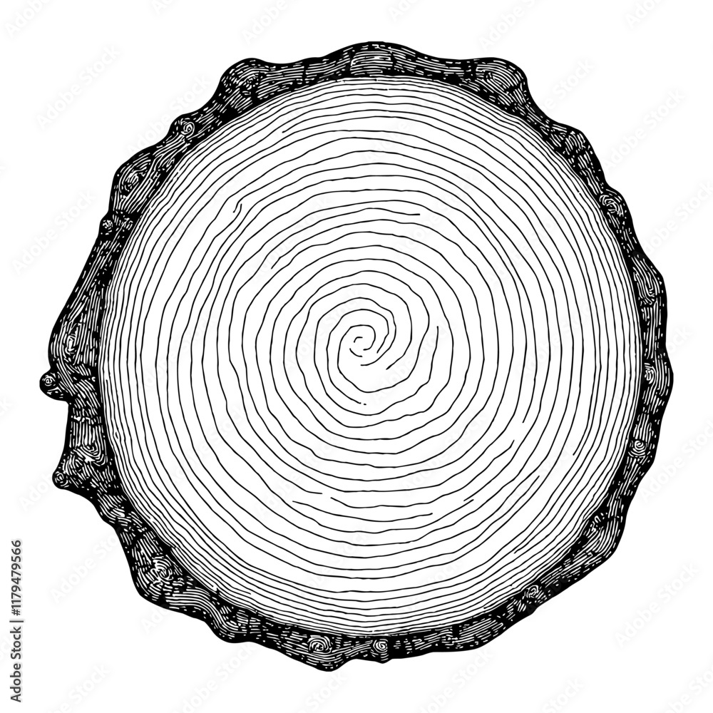 Fototapeta premium Cross Section Tree Trunk Wood with Rings Black and White Outline Line Art Drawing