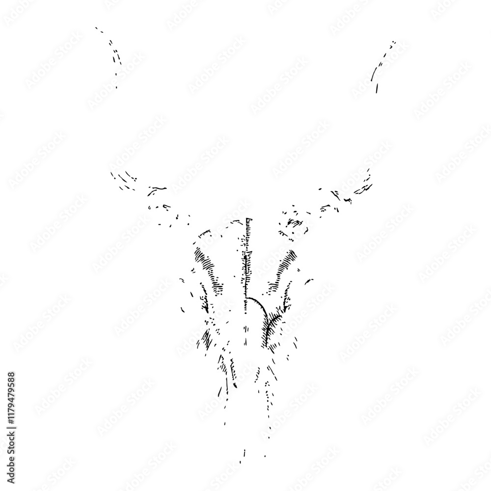 Fototapeta premium Goat Skull with Horns and Crow Detailed Black and White Outline Line Art Drawing