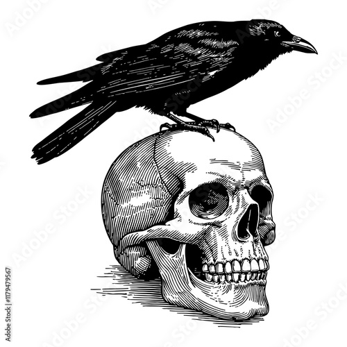 Raven Perched on Top of Skull Head Detailed Black and White Outline Line Art Drawing