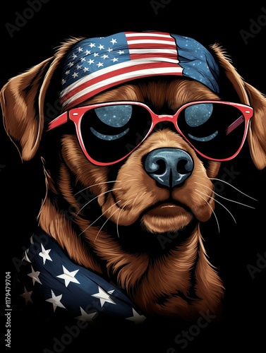 Patriotic Dog Portrait: Cool Canine in Sunglasses and Bandana