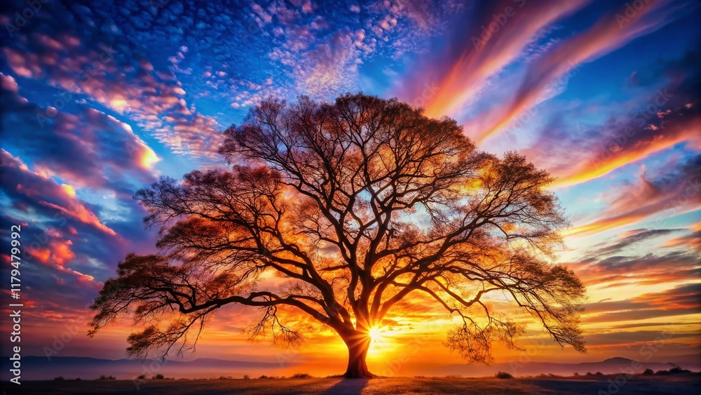Double Exposure: Raavi Tree Silhouette Over Mystical Landscape Double Exposure: Raavi Tree Silhouette Over Mystical Landscape