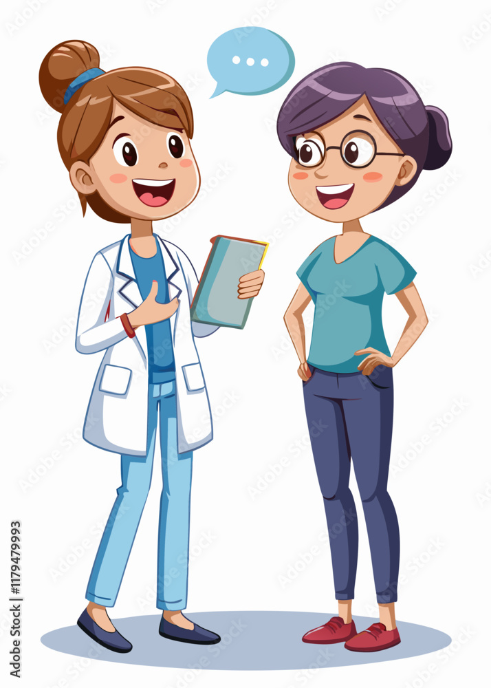 Friendly nurse guiding patient while holding clipboard, with speech bubble Friendly nurse guiding patient while holding clipboard, with speech bubble