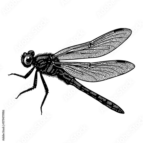 Detailed Dragonfly Side View Black and White Outline Line Art Drawing of Insect Vector Graphic