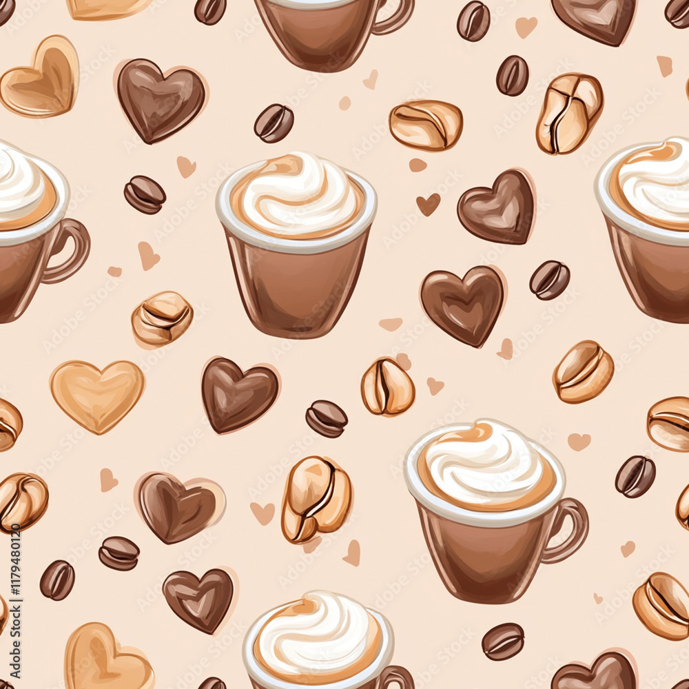 Obraz premium Seamless pattern of cappuccino cups, coffee beans, and heart shapes on beige background