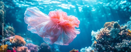 A plastic carrier bag drifting in pristine blue ocean water, with coral reefs and marine life around, symbolizing the growing issue of underwater pollution photo