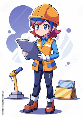 自信を持ってアニメの女性建設作業員が現場で計画を保持しています。安全ベストとヘルメットを身に着けたプロのビルダーが、カスタマイズ可能なテキストの空白の吹き出しを含む文書を検査します。