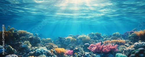 A plastic carrier bag drifting in pristine blue ocean water, with coral reefs and marine life around, symbolizing the growing issue of underwater pollution photo