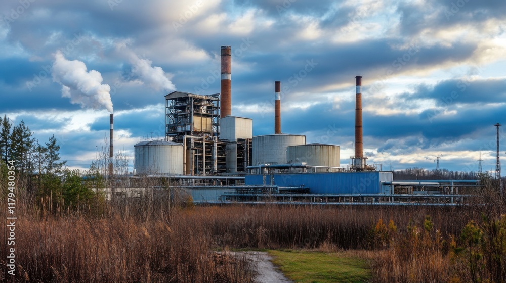 Industrial Plant Landscape Smokestacks, Pipes, and Cloudy Sky Industrial Plant Landscape Smokestacks, Pipes, and Cloudy Sky