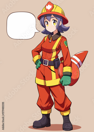 制服を着た勇敢なアニメの女性消防士が空の吹き出しで立っています。漫画の消防士のキャラクターは、緊急対応、プロの救助者、ベクトル図のために準備されました。