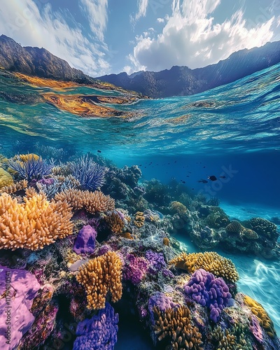 A plastic carrier bag lost in tropical waters, floating near vibrant coral reefs and marine life, showcasing the consequences of ocean pollution photo