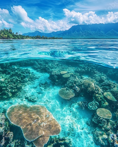 A plastic carrier bag lost in tropical waters, floating near vibrant coral reefs and marine life, showcasing the consequences of ocean pollution photo