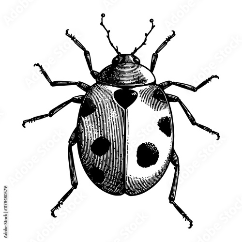 Detailed Ladybug Black and White Outline Line Art Drawing of Insect Top View with Spots