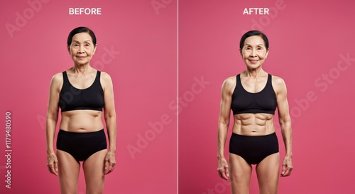 Obraz na płótnie Transformation journey of mature asian female - before and after fitness progress on pink background w salonie