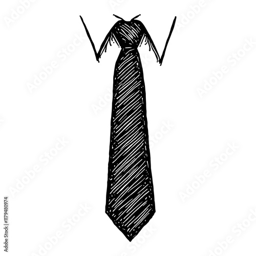 Necktie with Collar Scribble Black and White Outline Line Art Drawing Isolated on White Background