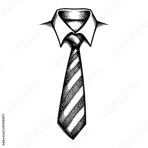 Striped Necktie and Shirt Collar Detailed Black and White Outline Line Art Drawing