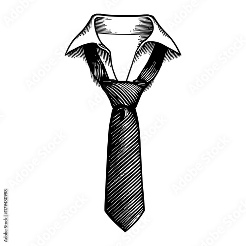 Necktie and Shirt Collar with Detailed Black and White Outline Line Art Drawing