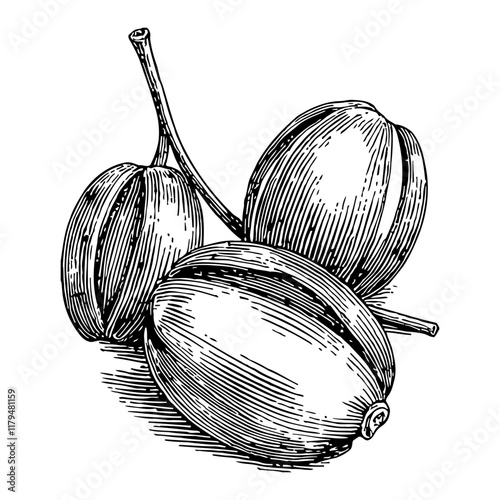 Three Pistachio Nuts Detailed Black and White Outline Line Art Drawing Isolated on White Background