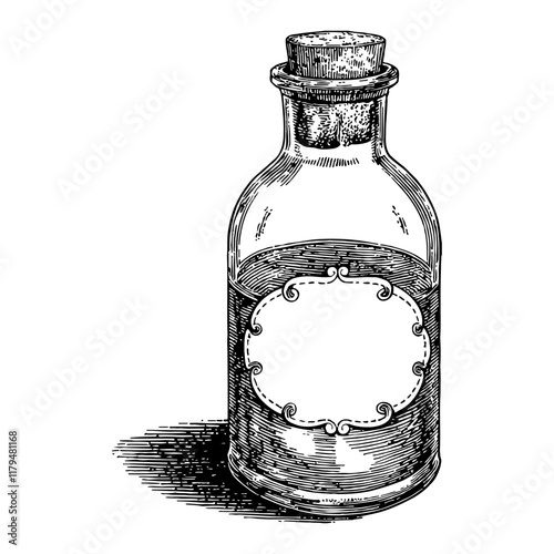 Potion Bottle with Label in Detailed Black and White Outline Line Art Drawing