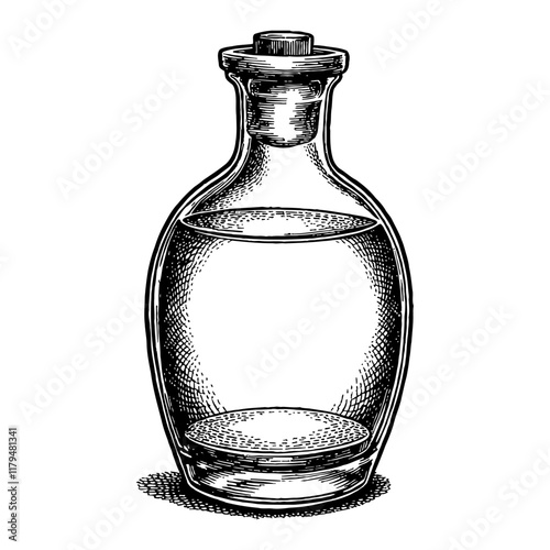 Potion Bottle with Liquid in Detailed Black and White Outline Line Art Drawing Isolated
