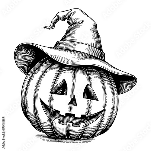 Pumpkin Wearing a Halloween Witch Hat Black and White Outline Line Art Drawing Isolated
