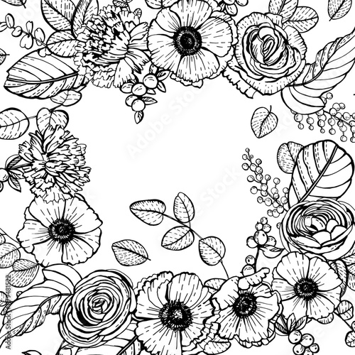 Graphic decorative frame with spring flowers
