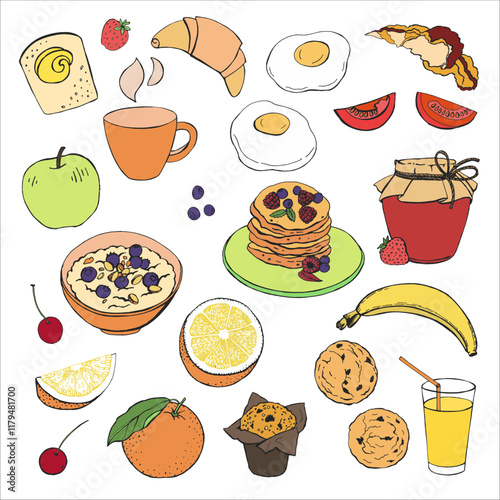 Graphic color set of breakfast illustrations