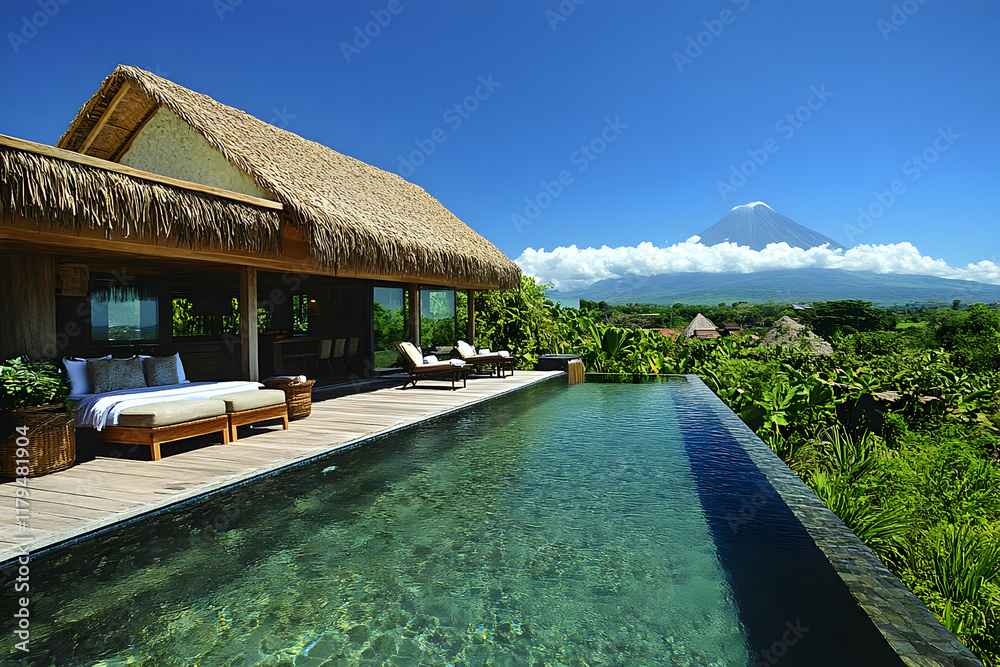 Obraz premium Luxury Villa with Infinity Pool and Volcano View: Tropical Getaway