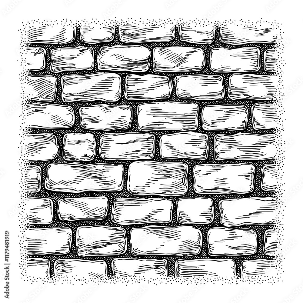 Stone Brick Wall Texture Detailed Black and White Outline Line Art Drawing Engraved Style