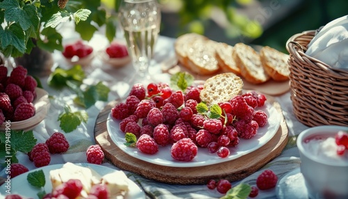 Indulge in A relaxing spring picnic with natures vibrant colors and the gentle hum of countryside life, showcasing fresh raspberries, crusty bread, and a delightful drink Bask in the sun's warmth as photo