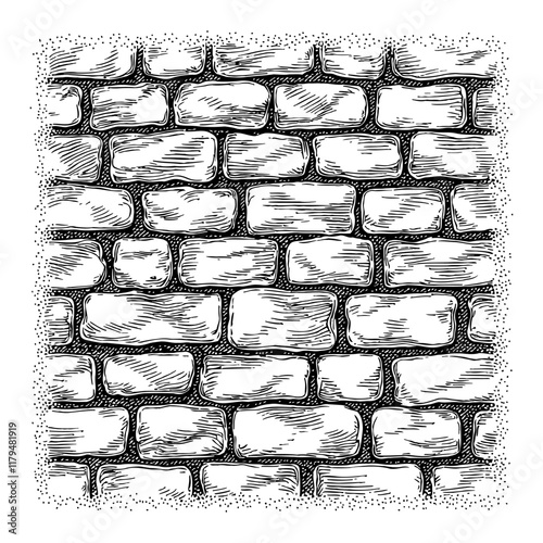 Stone Brick Wall Texture Detailed Black and White Outline Line Art Drawing Engraved Style