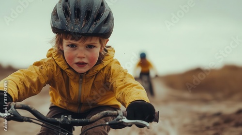 Young child learning to ride a bike, falling and getting back up repeatedly, perseverance, determination, patience