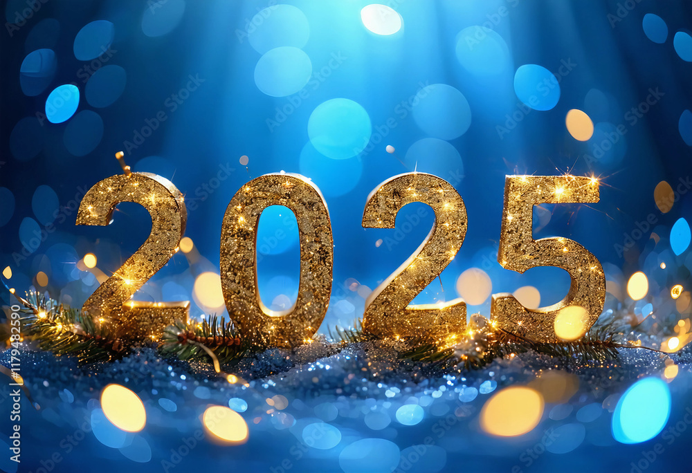 Celebrating the arrival of 2025 with a sparkling blue background and golden lettering wishing a happ Celebrating the arrival of 2025 with a sparkling blue background and golden lettering wishing a happ