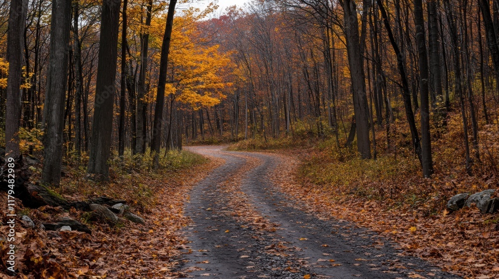 Autumnal Forest Road Winding Path, Golden Leaves, Dark Trees Autumnal Forest Road Winding Path, Golden Leaves, Dark Trees