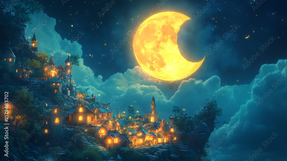 A serene night scene of a glowing moon over a quaint village nestled in clouds.