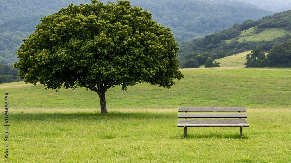 Peaceful Solitude in a Scenic Countryside Landscape with Lone Bench under Tree Peaceful Solitude in a Scenic Countryside Landscape with Lone Bench under Tree