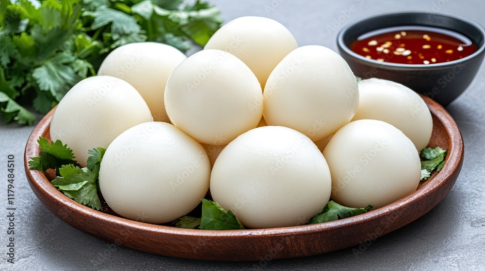 Enjoy a beautifully arranged plate of Dak N', featuring steamed rice paper, intricate egg patterns, and vibrant vegetables Enjoy a beautifully arranged plate of Dak N', featuring steamed rice paper, intricate egg patterns, and vibrant vegetables